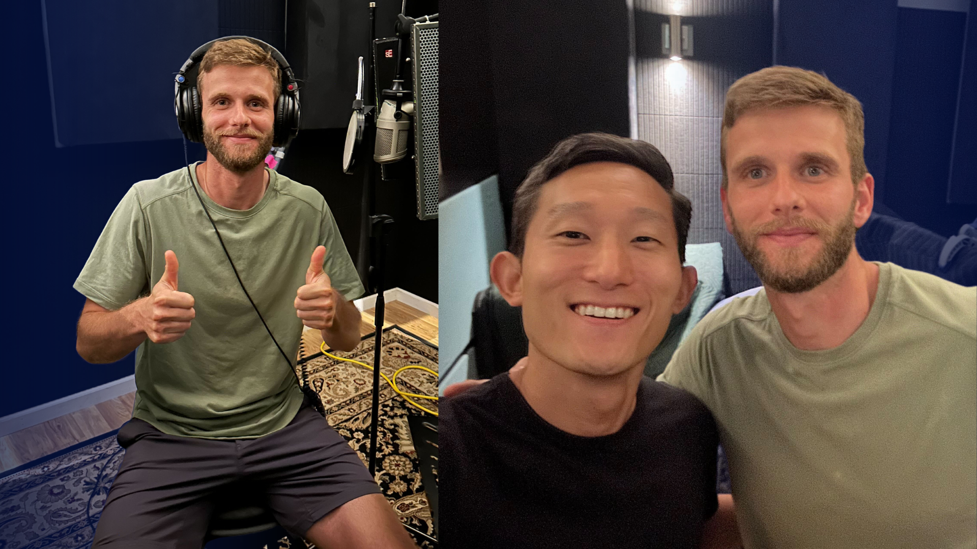 A digital collage of Collin Martin, professional soccer player, and Scott Yim, Head of Product Experience and Content at BetterSleep,at the recording studio. On the left, Collin is smiling while giving the camera a thumbs up. He is wearing large recording headphones and sitting in front of a microphone. On the right, a selfie shows Scott and Collin smiling right at the camera.